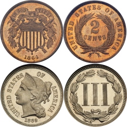 Монеты номиналом два и три цента